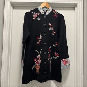 Moth Large Sweater Womens Black Wool Floral Embroidered Button Up Boho Cardigan